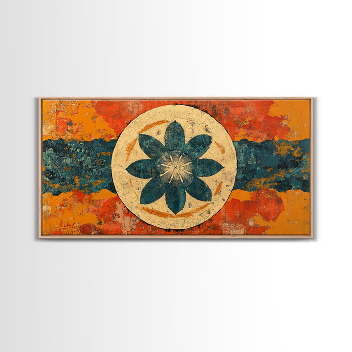 Teal Lotus Flower Circle Wall Art, Retro Abstract Canvas Print, Mid Century Modern Decor, Orange Blue Zen Home Decor, Statement Artwork
