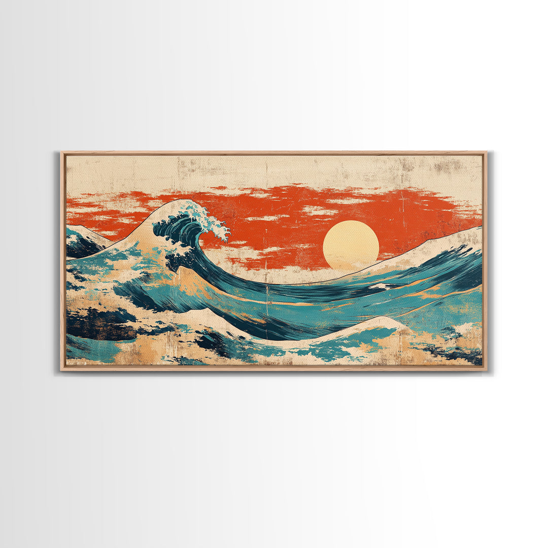 Japanese Great Wave Canvas Print, Red Sunset Ocean Wall Art, Ukiyo E Inspired Seascape, Coastal Living Room Decor, Home Decor