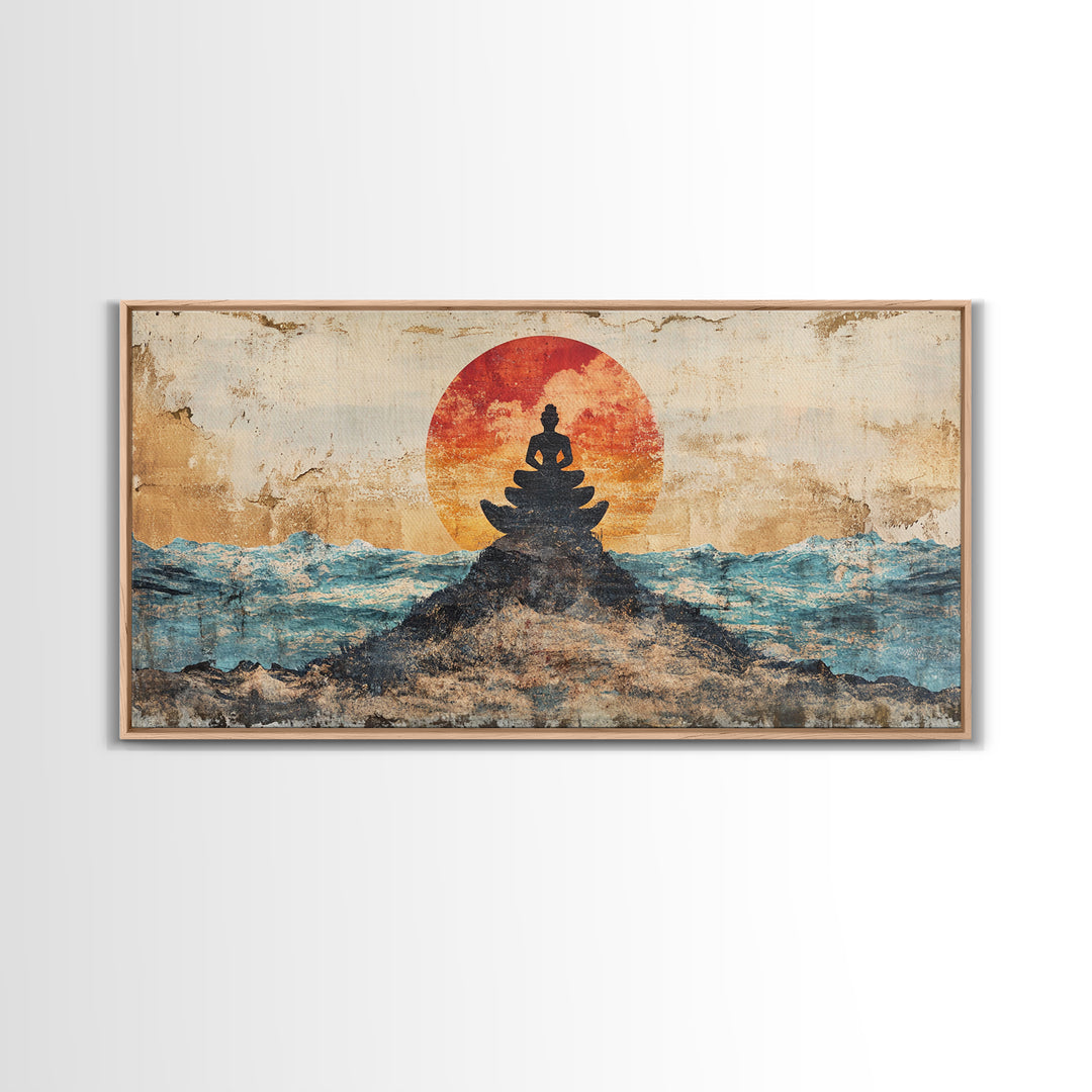 Buddha Meditation On Ocean Rocks Wall Art, Zen Canvas Print, Spiritual Decor, Mindfulness Art, Yoga Room Wall Decor, Calming Wall Art