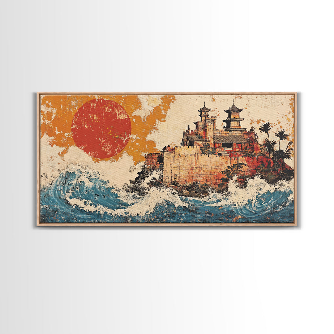 Asian Coastal Castle With Red Sun Canvas Print, Japanese Wall Art, Ocean Waves, Travel Poster, Statement Home Decor, Large Wall Art