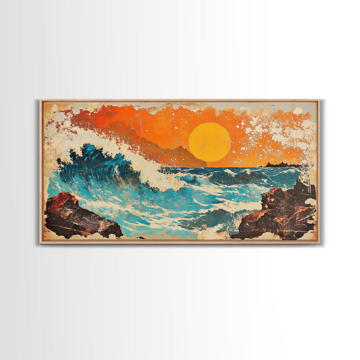 Rocky Ocean Sunset Wave Wall Art, Abstract Seascape Canvas Print, Coastal Living Room Decor, Beach House Home Decor, Large Wall Art