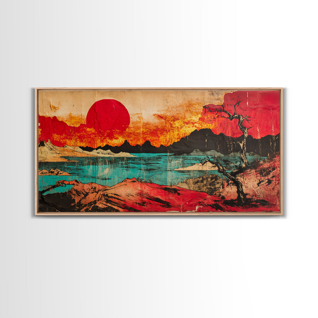 Red Sun Mountain Lake Wall Art, Japanese Sunset Landscape Canvas Print, Bold Desert Decor, Modern Living Room Statement Art