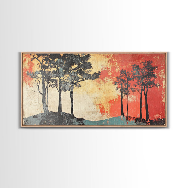 Silhouette Trees With Red Sky Wall Art, Abstract Landscape Canvas Print, Modern Rustic Decor, Wide Horizontal Wall Art Print