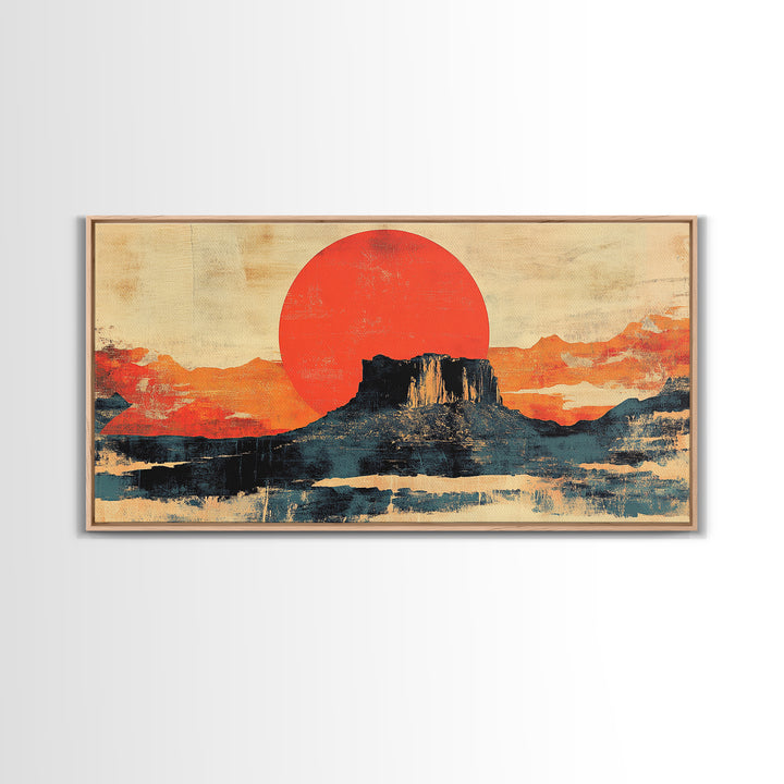 Desert Mesa Red Sun Wall Art, Southwestern Landscape Canvas Print, Modern Western Decor, Large Horizontal Living Room Art