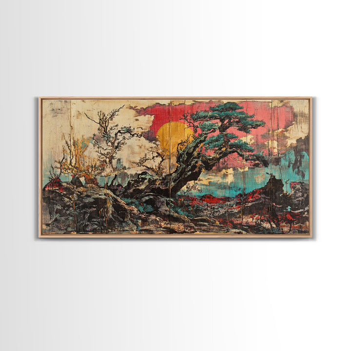 Ancient Pine Tree Sunset Over Misty Rocks Wall Art, Japanese Landscape Print, Zen Nature Decor For Calm Living Room Decor, Home Decor