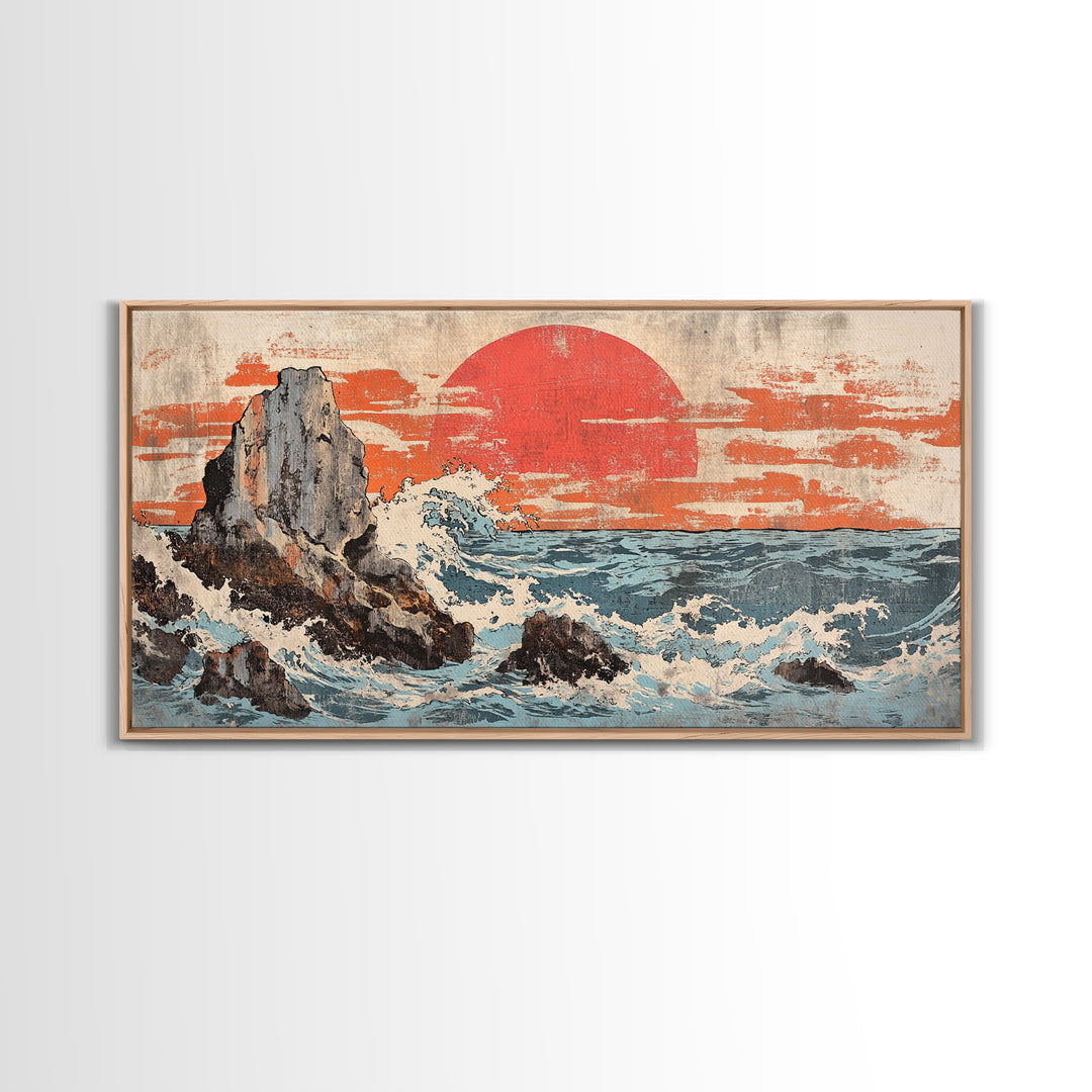 Rocky Ocean Cliffs With Red Sun And Crashing Waves Canvas Print, Japanese Coastal Wall Decor, Large Seascape Art, Living Room Wall Art