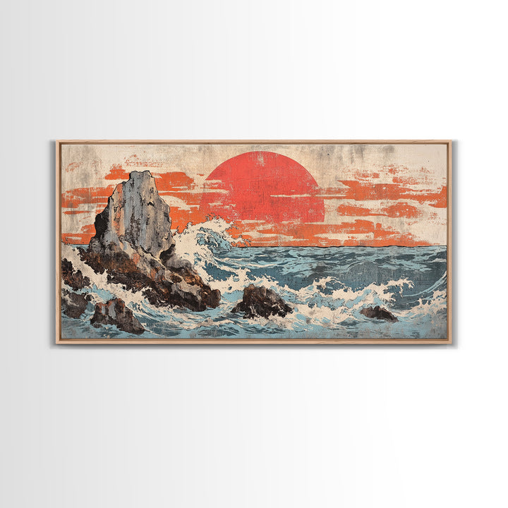 Rocky Ocean Cliffs With Red Sun And Crashing Waves Canvas Print, Japanese Coastal Wall Decor, Large Seascape Art, Living Room Wall Art