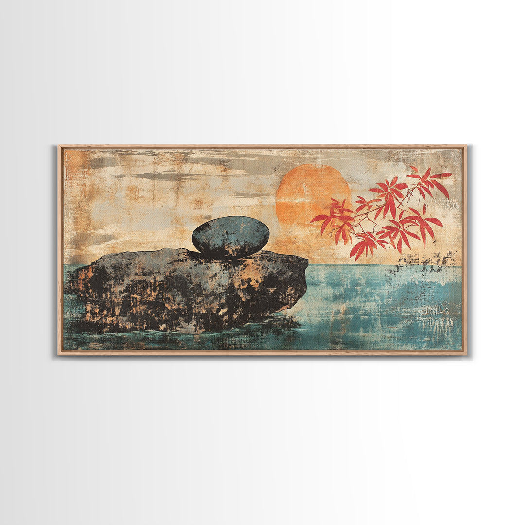 Zen Stone On Sea Cliff At Sunset Canvas Print, Japanese Minimalist Wall Art, Calm Coastal Decor, Spa Home Decor, Living Room Art