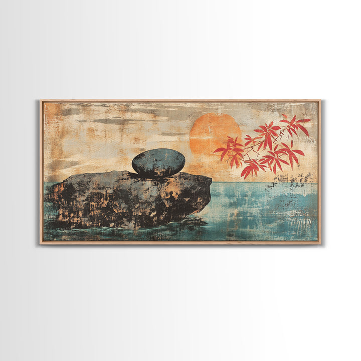 Zen Stone On Sea Cliff At Sunset Canvas Print, Japanese Minimalist Wall Art, Calm Coastal Decor, Spa Home Decor, Living Room Art