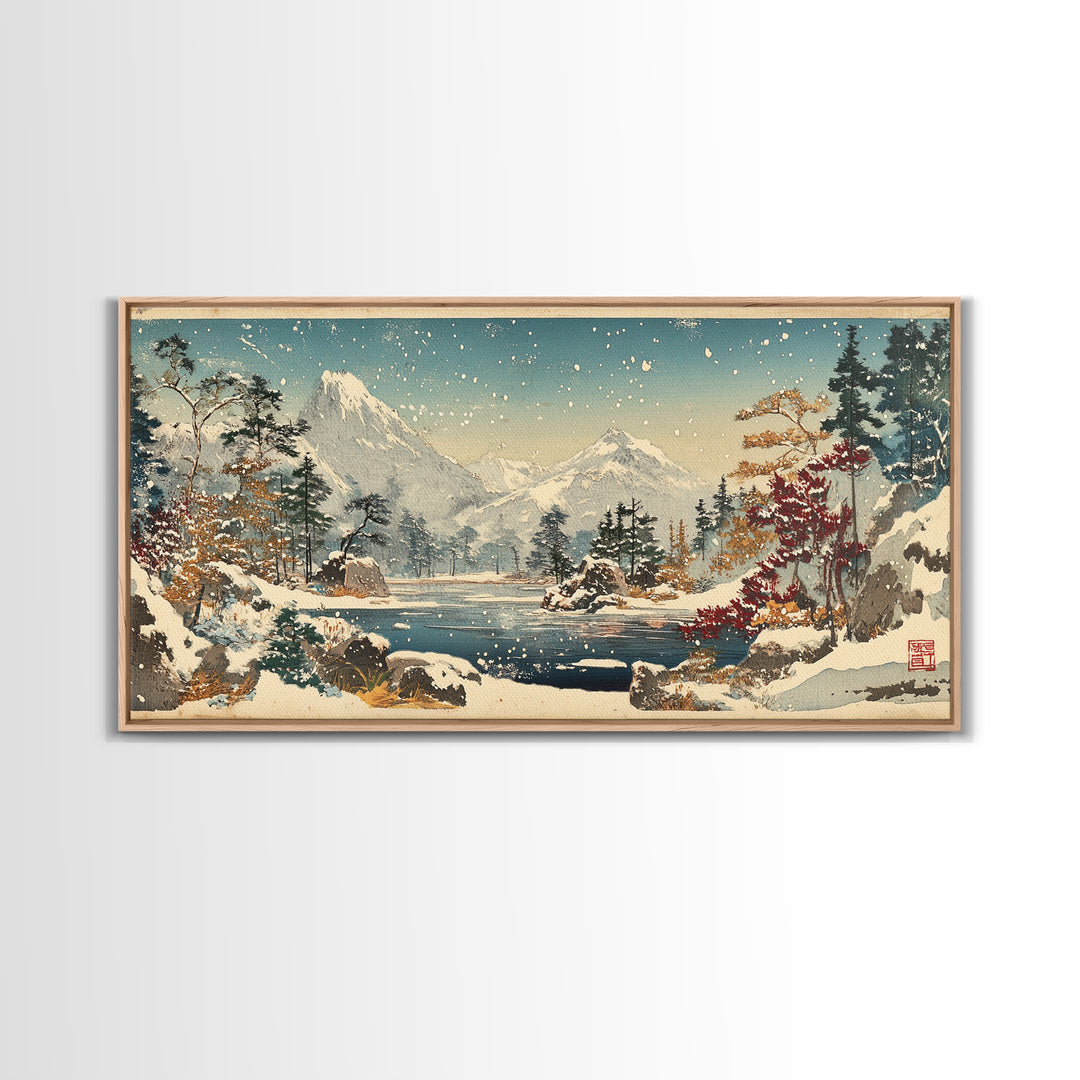 Snowy Mountain Lake With Pines And Falling Snow Wall Art, Winter Landscape Print, Japanese Nature Decor For Cabin Home Decor