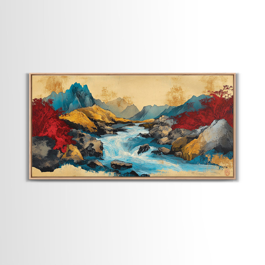 Turquoise Mountain River And Red Autumn Trees Wall Art, Panoramic Landscape Canvas, Modern Nature Decor, Living Room Print