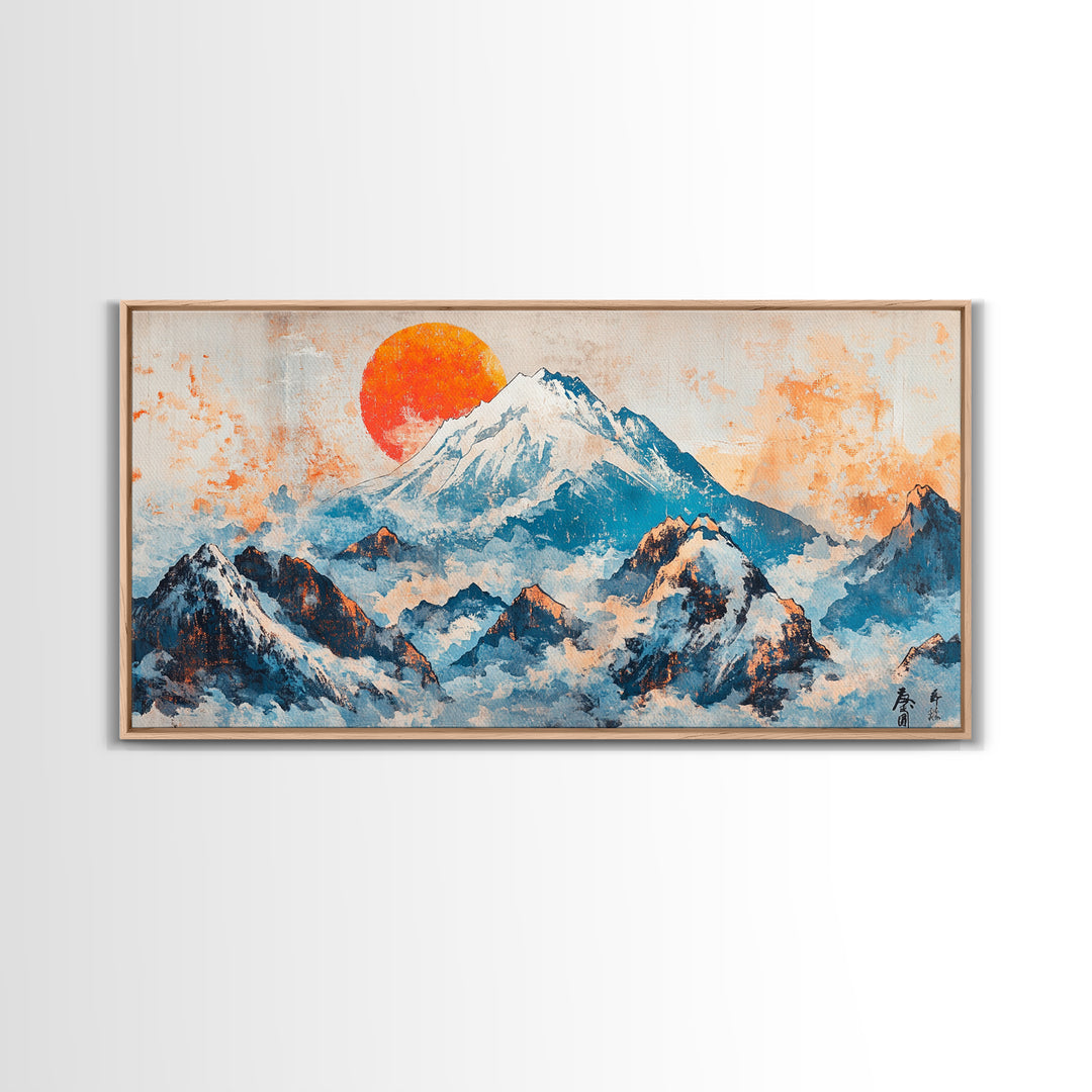 Snowy Blue Mountains And Rising Orange Sun Framed Canvas Print, Japanese Landscape Wall Art, Large Modern Living Room Decor