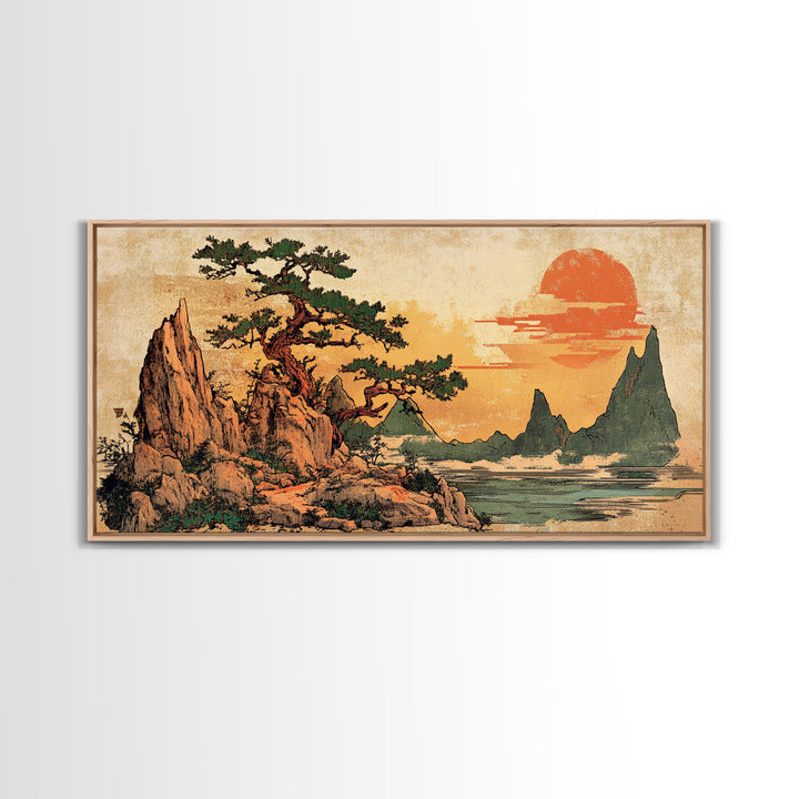 Twisted Pine On Rocky Coast At Sunset Canvas Print, Japanese Landscape Wall Art, Modern Coastal Japandi Living Room Decor