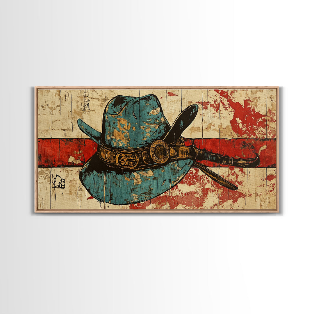 Turquoise Cowboy Hat And Lasso On Rustic Wood Wall Art, Western Canvas Print, Ranch Living Room Decor, Gift For Horse Lover
