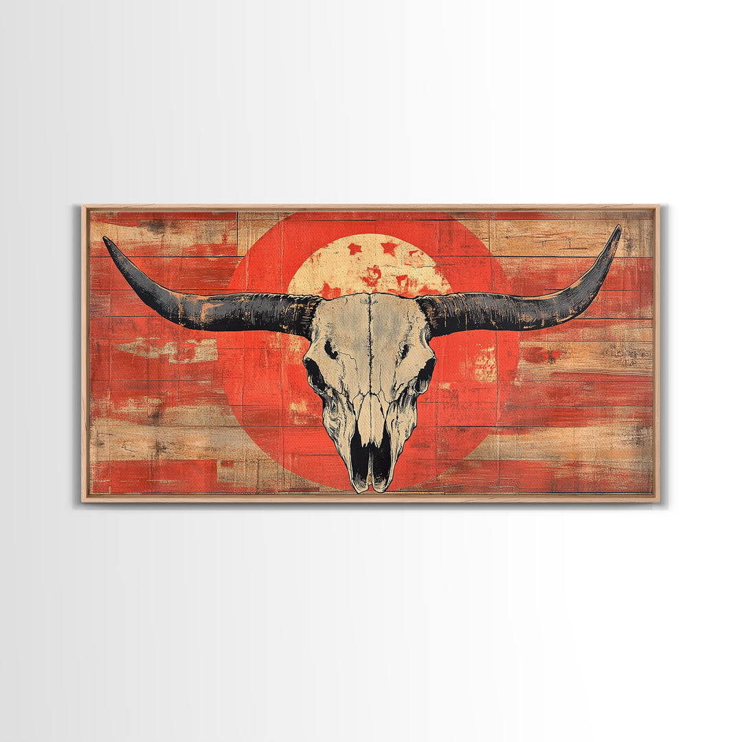 Longhorn Skull On Distressed Red Wood Wall Art, Western Framed Canvas Print, Rustic Cowboy Ranch Home Decor For Living Room