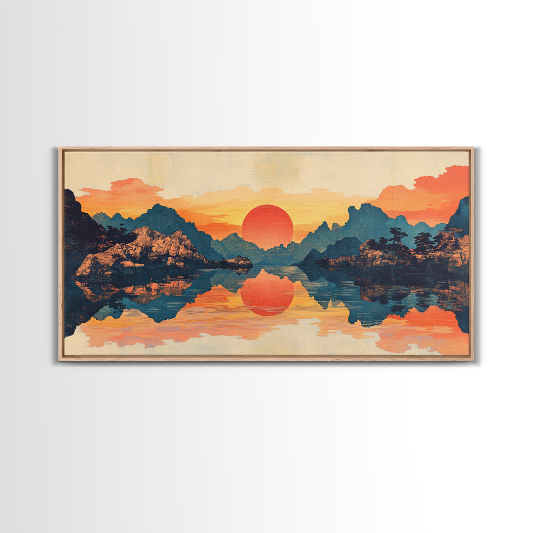 Red Sun Mountain Lake Reflection Wall Art, Japanese Landscape Print, Panoramic Canvas, Serene Living Room Decor, Above Sofa Decor
