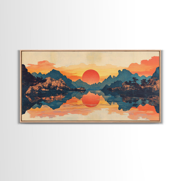 Red Sun Mountain Lake Reflection Wall Art, Japanese Landscape Print, Panoramic Canvas, Serene Living Room Decor, Above Sofa Decor
