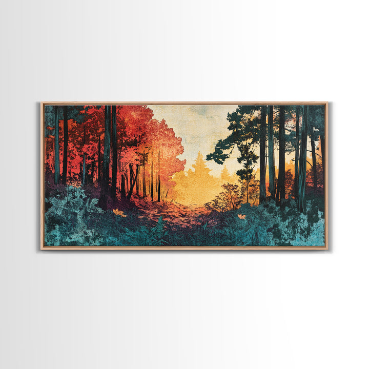 Autumn Forest Path Wall Art, Moody Landscape Canvas Print, Red Trees Nature Decor, Rustic Cabin Living Room Wall Decor Gift