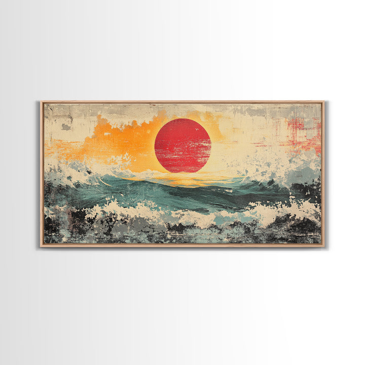 Abstract Red Sun Seascape Wall Art, Ocean Wave Canvas Print, Coastal Modern Decor, Large Living Room Wall Decor, Above Sofa Decor