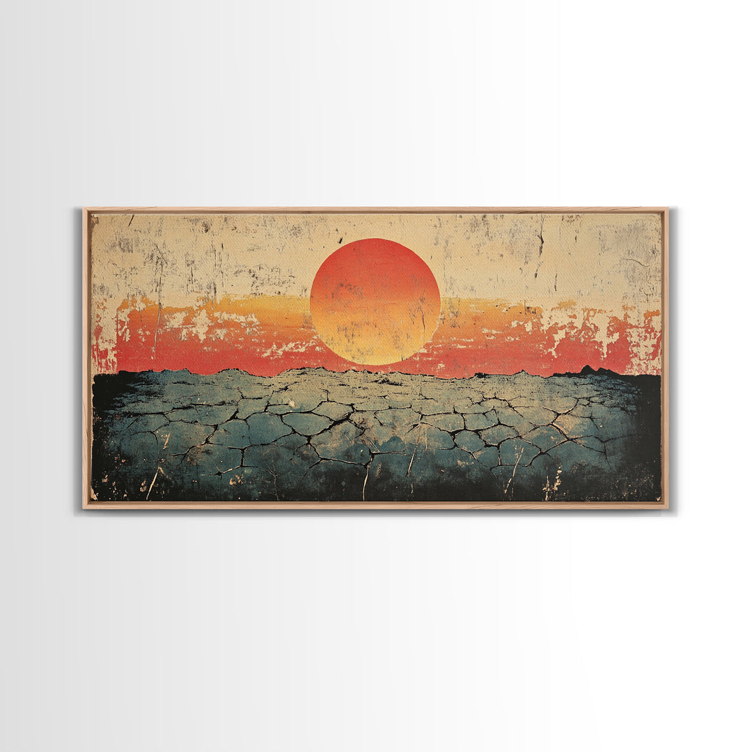 Cracked Desert Red Sun Wall Art, Southwestern Canvas Print, Minimal Landscape, Earth Tone Modern Living Room Decor, Housewarming Gift