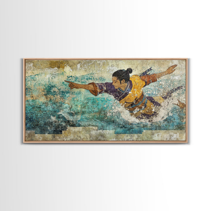 Japanese Warrior Swimming In Turquoise Waves Canvas Print, Asian Inspired Wall Decor, Martial Arts Gift, Coastal Home Decor