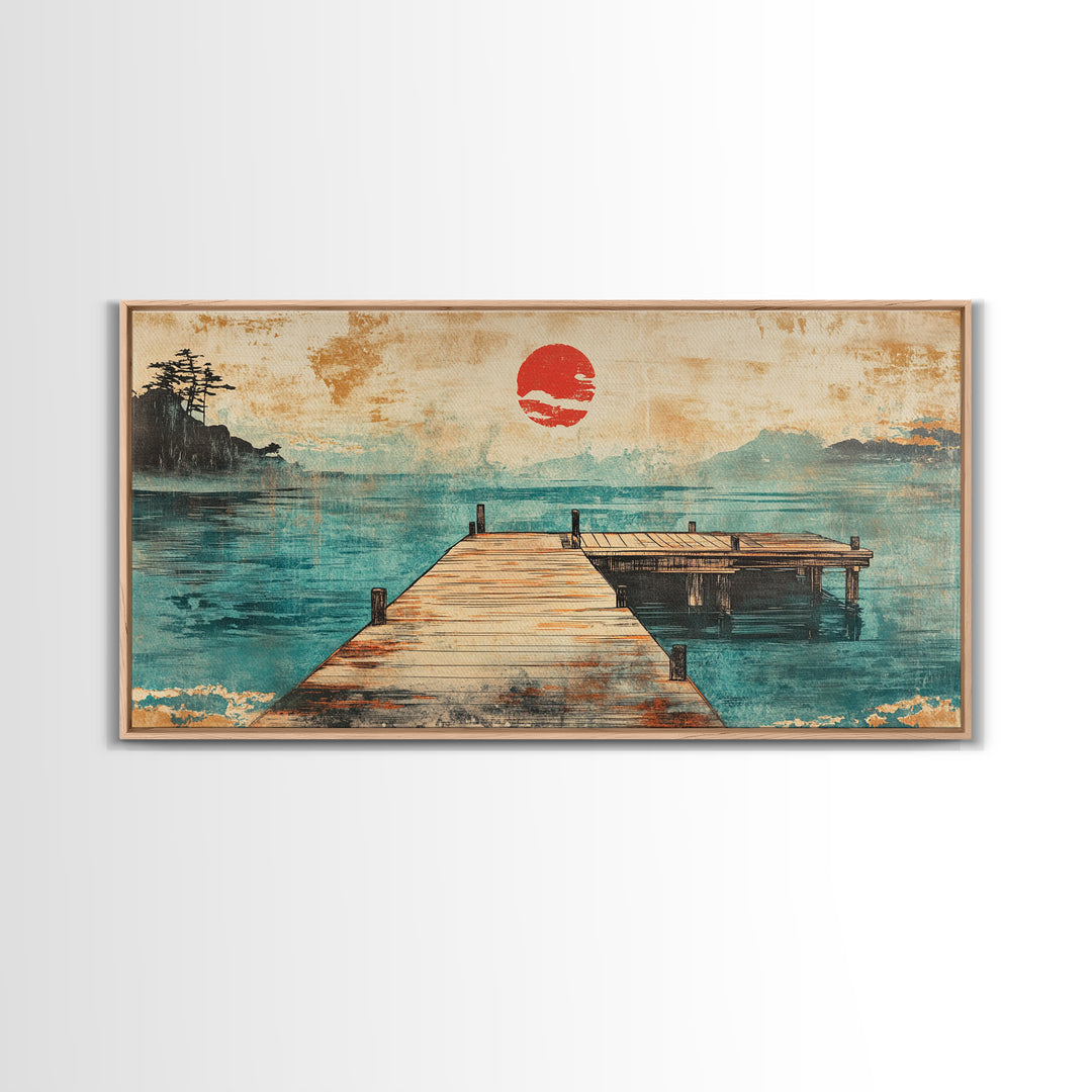 Quiet Dock On Misty Lake Wall Art, Japanese Red Sun Landscape Print, Coastal Cabin Decor, Serene Living Room Art, Housewarming Gift