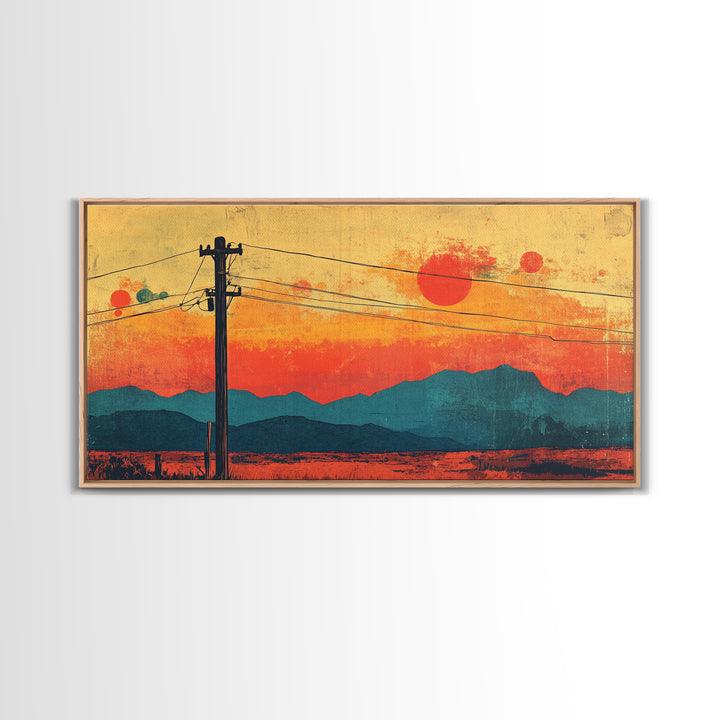 Telephone Poles At Orange Desert Sunset Wall Art, Retro Japanese Landscape Print, Mountain Decor, Mid Century Canvas Print