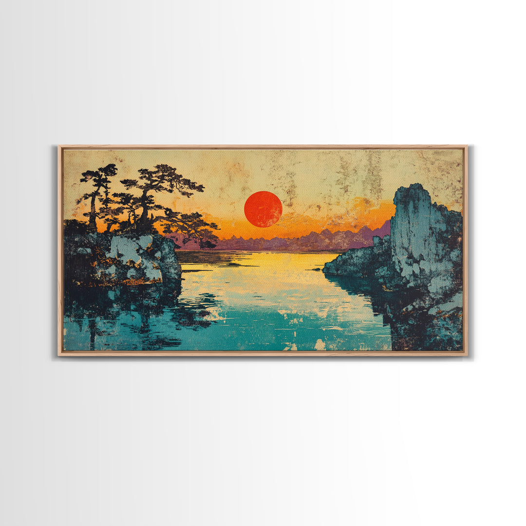 Red Sun Lake Between Pine Cliffs Wall Art, Japanese Landscape Canvas Print, Serene Nature Decor, Coastal Living Room Gift