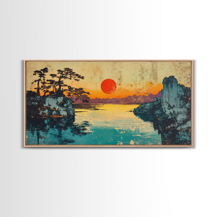 Red Sun Lake Between Pine Cliffs Wall Art, Japanese Landscape Canvas Print, Serene Nature Decor, Coastal Living Room Gift