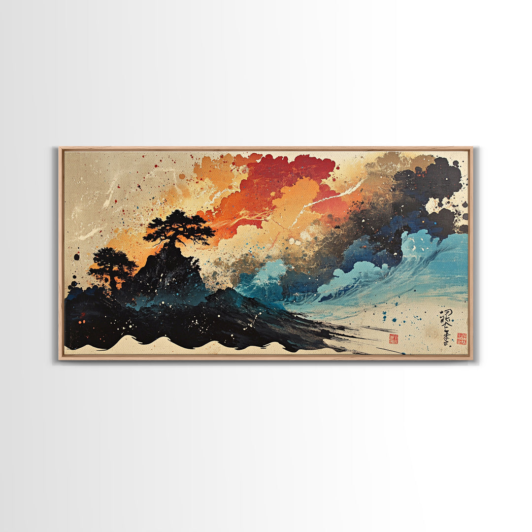 Stormy Island Waves And Red Clouds Wall Art, Japanese Ink Seascape Print, Moody Coastal Decor, Dramatic Canvas Print Gift