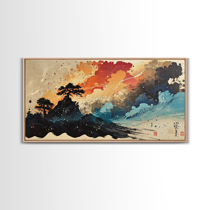 Stormy Island Waves And Red Clouds Wall Art, Japanese Ink Seascape Print, Moody Coastal Decor, Dramatic Canvas Print Gift