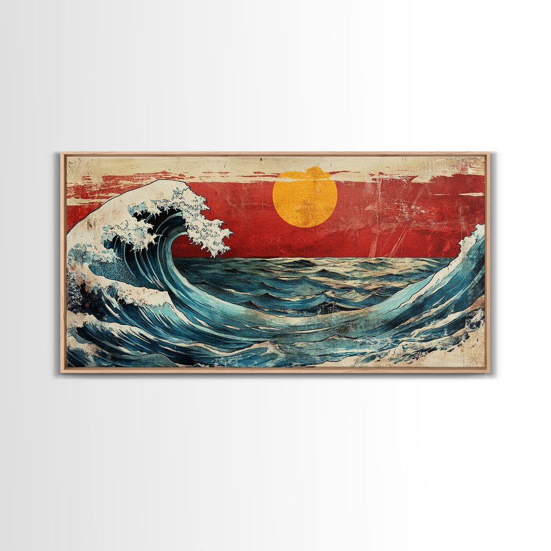 Rolling Ocean Wave Under Yellow Sun Canvas Print, Japanese Seascape Wall Art, Coastal Living Room Decor, Beach House Gift