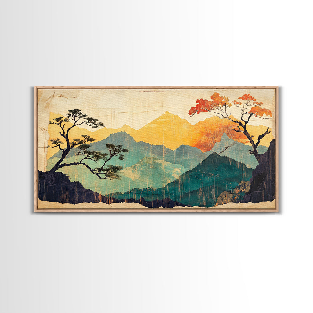 Golden Mountain Sunrise With Autumn Trees Wall Art, Japandi Landscape Canvas Print, Nature Decor For Calm Living Room And Bedroom Decor