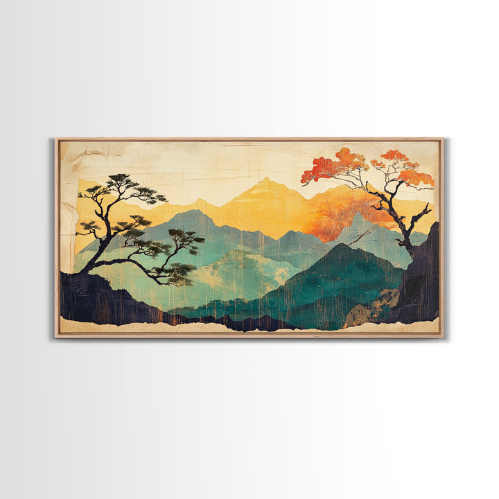 Golden Mountain Sunrise With Autumn Trees Wall Art, Japandi Landscape Canvas Print, Nature Decor For Calm Living Room And Bedroom Decor