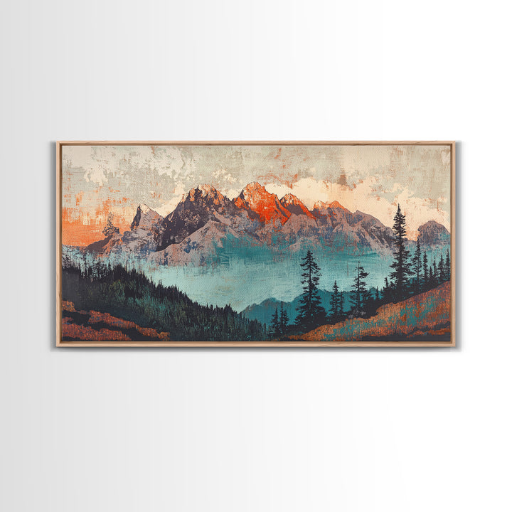 Snowy Mountain Peaks And Pine Forest Wall Art, Rustic Landscape Framed Canvas Print, Large Nature Decor For Living Room Art