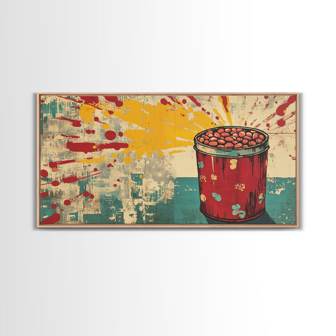 Retro Red Tin Of Beans With Yellow Paint Splashes Wall Art, Pop Art Canvas Print, Fun Kitchen Decor For Dining Room Poster