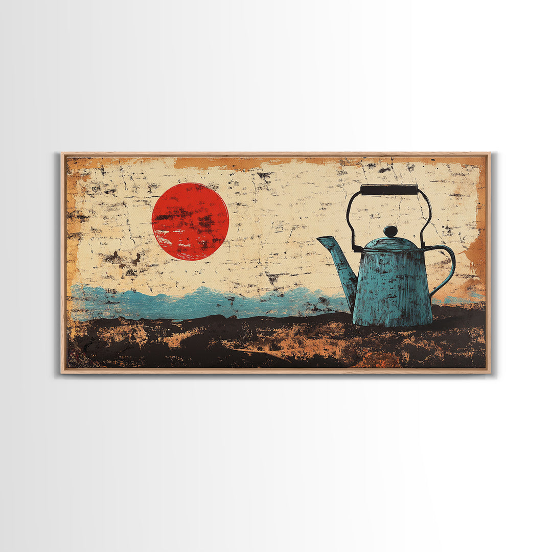 Blue Enamel Teapot Under Red Sun Wall Art, Japanese Minimalist Canvas Print, Rustic Kitchen Decor For Tea Lovers And Home Decor