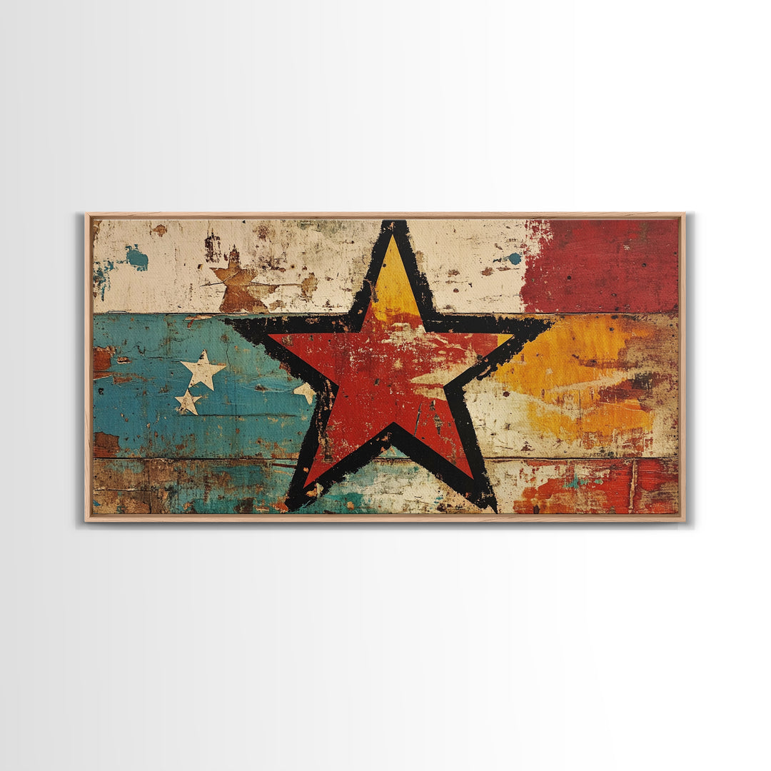 Distressed Red Star On Teal And Gold Abstract Wall Art, Retro Americana Canvas Print, Bold Rustic Home Decor For Man Cave Or Office