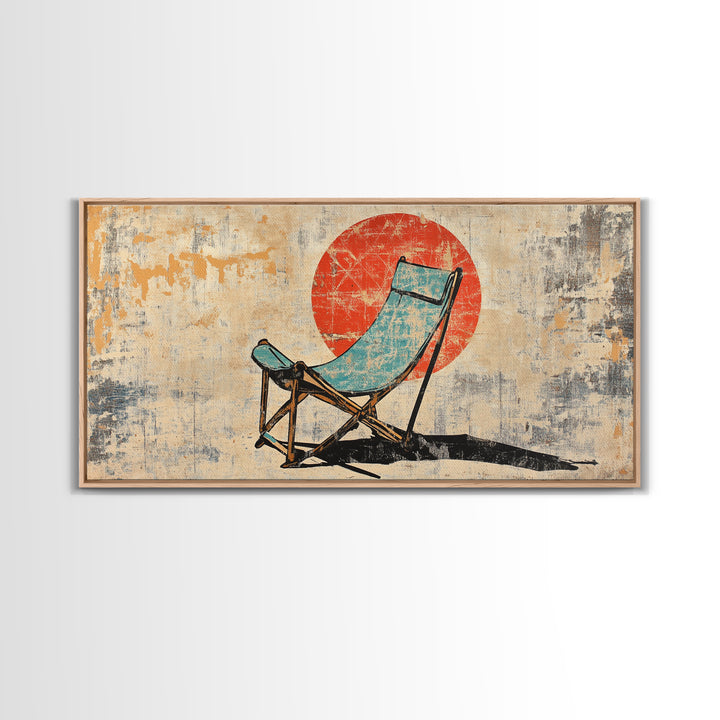 Turquoise Beach Chair In Front Of Red Sun Wall Art, Retro Coastal Canvas Print, Summer Beach House Decor For Patio And Living Room
