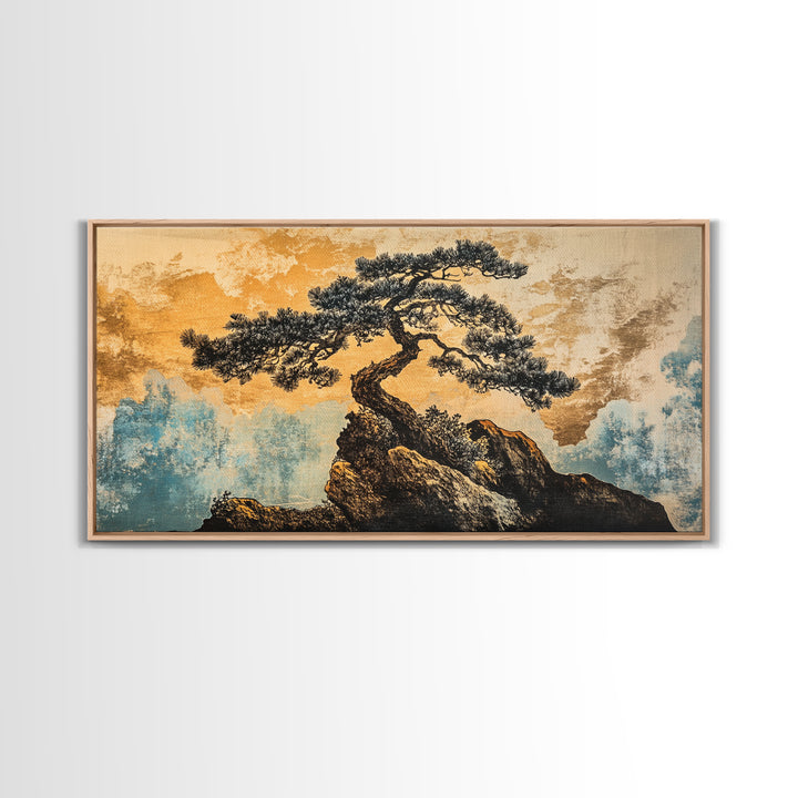 Twisted Bonsai On Golden Cliff Wall Art, Japanese Zen Landscape Print, Asian Inspired Decor, Teal Gold Living Room Art Print