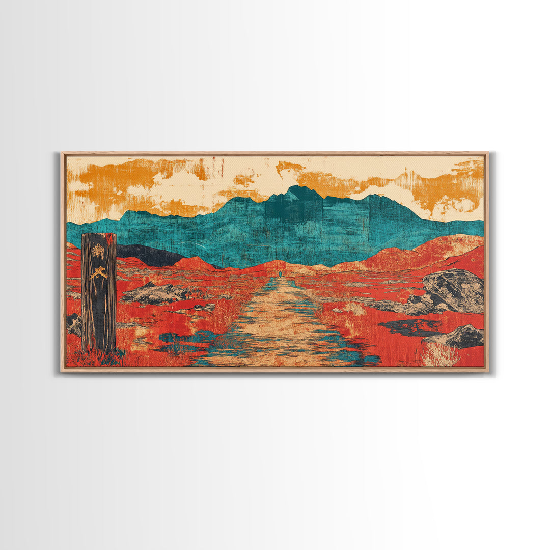 Red Desert Road To Turquoise Mountains Canvas Print, Southwestern Landscape Art, Boho Western Decor, Large Living Room Wall Art