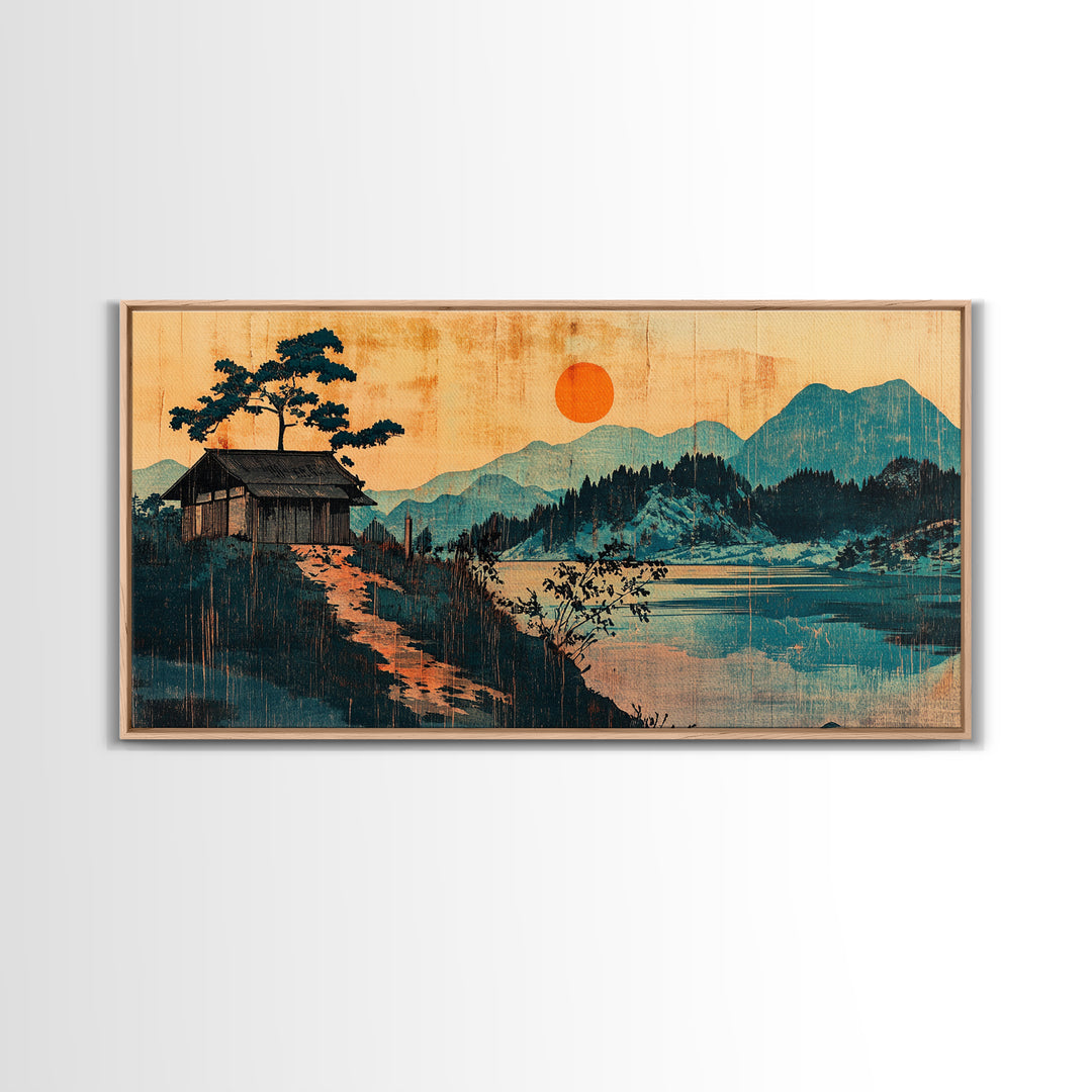 Lakeside Cabin With Red Sun Wall Art, Japanese Mountain Landscape Print, Japandi Decor, Serene Living Room Canvas Art Print