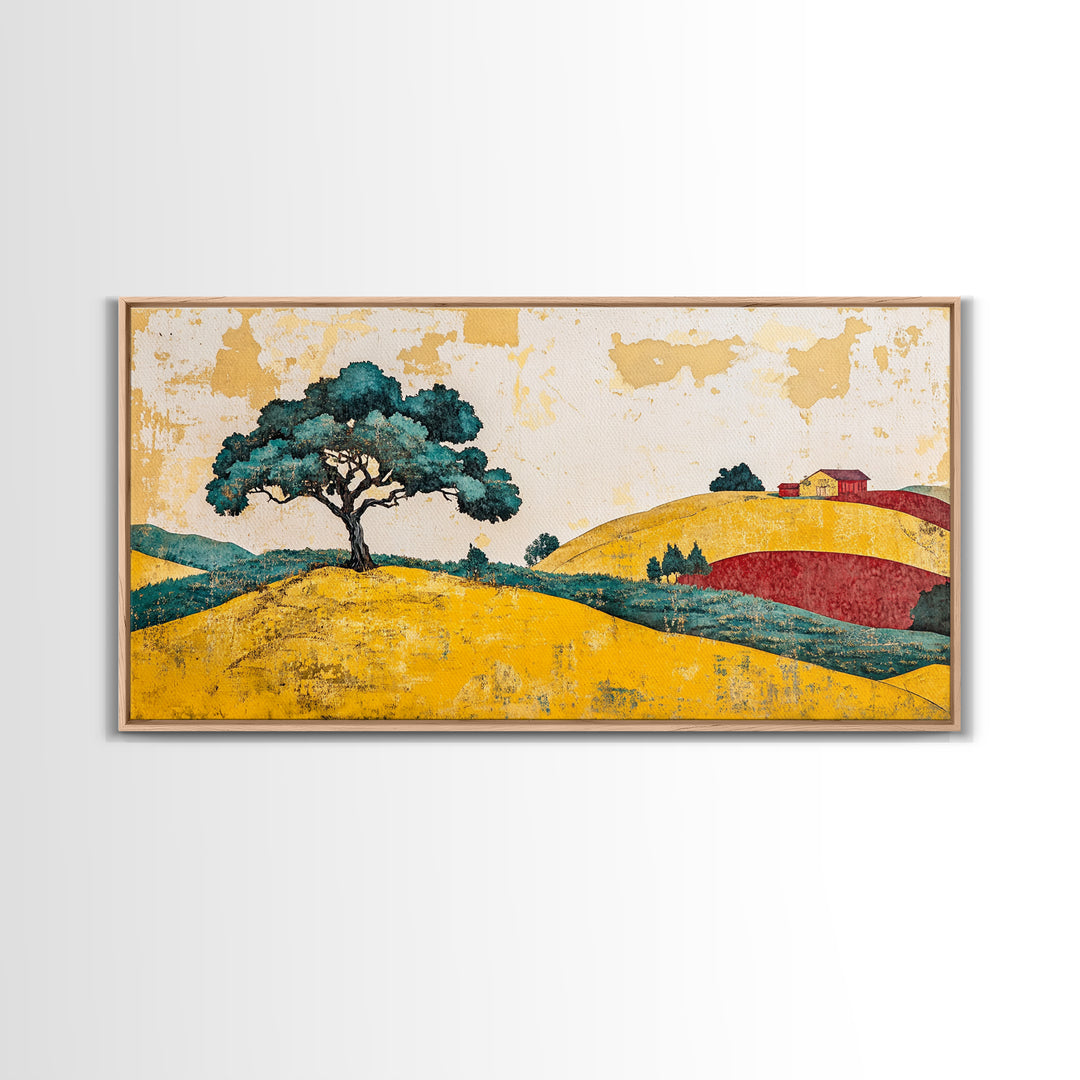 Lone Tree On Golden Rolling Hills Canvas Print, Rustic Country Landscape Art, Farmhouse Wall Decor, Warm Home Decor Wall Art