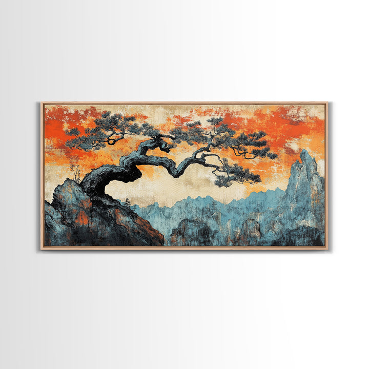 Windswept Pine Over Misty Blue Mountains Wall Art, Asian Landscape Print, Orange Sky Japandi Decor, Large Canvas Print Decor