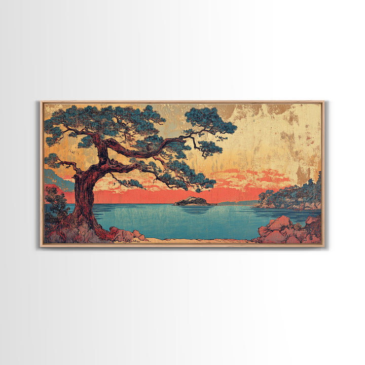 Coastal Pine Tree At Coral Sunset Framed Canvas Print, Japanese Seascape Wall Art, Teal Ocean Decor, Above Sofa Art Print