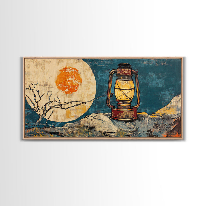 Rustic Lantern Beside Abstract Moon Wall Art, Teal Gold Night Sky Print, Celestial Decor, Wabi Sabi Canvas Print For Bedroom