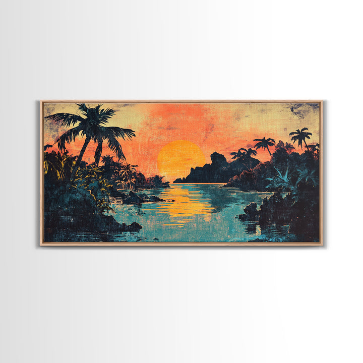 Tropical Lagoon Sunset With Palm Trees Canvas Print, Coastal Wall Art, Island Decor, Vibrant Beach House Living Room Art