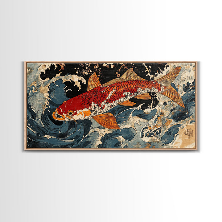 Red Koi Fish Swimming Through Stormy Waves Wall Art, Japanese Coastal Canvas Print, Nautical Living Room Decor Gift For Him