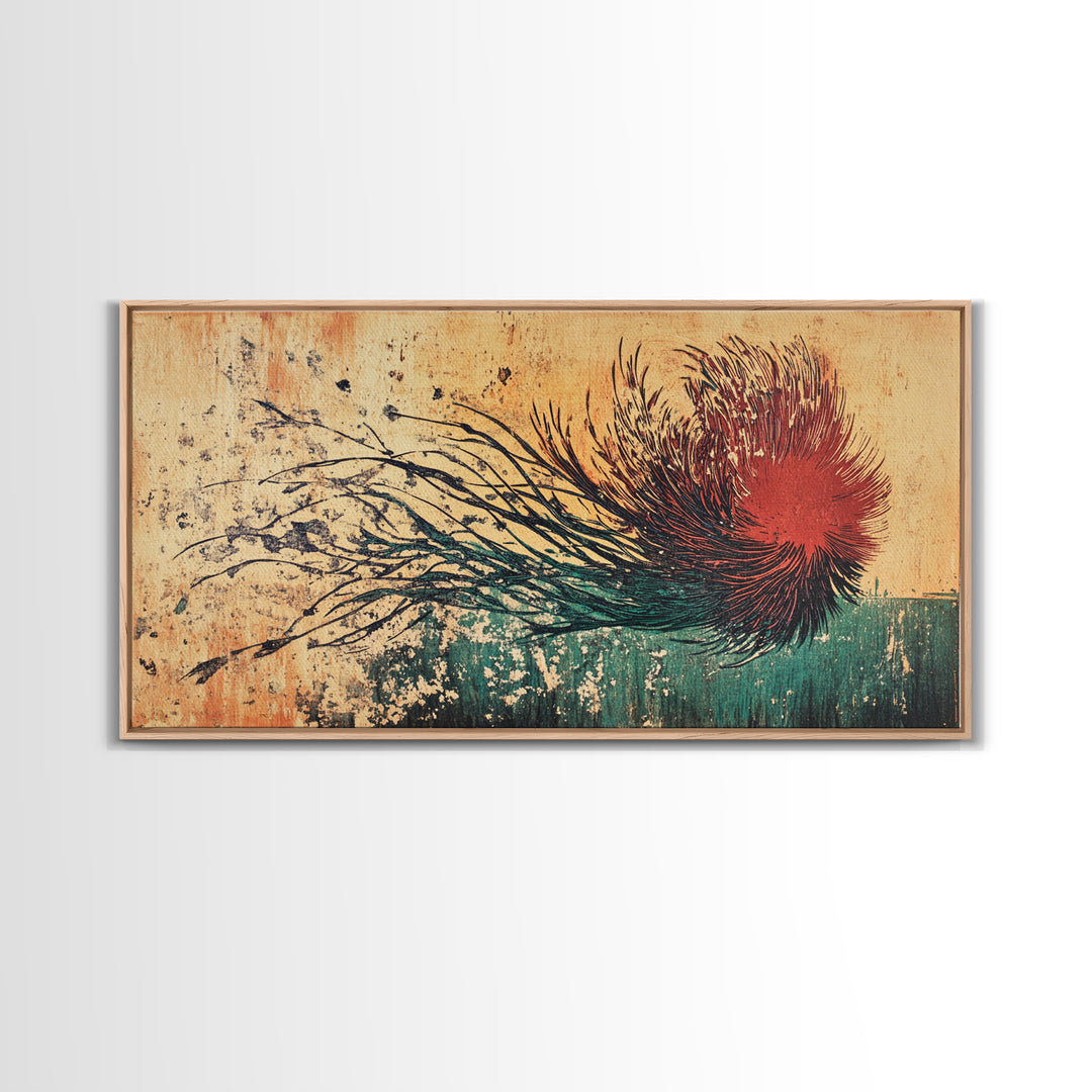 Red Windblown Botanical Flower Wall Art, Textured Japanese Canvas Print, Abstract Floral Living Room Decor, Home Decor Gift For Her