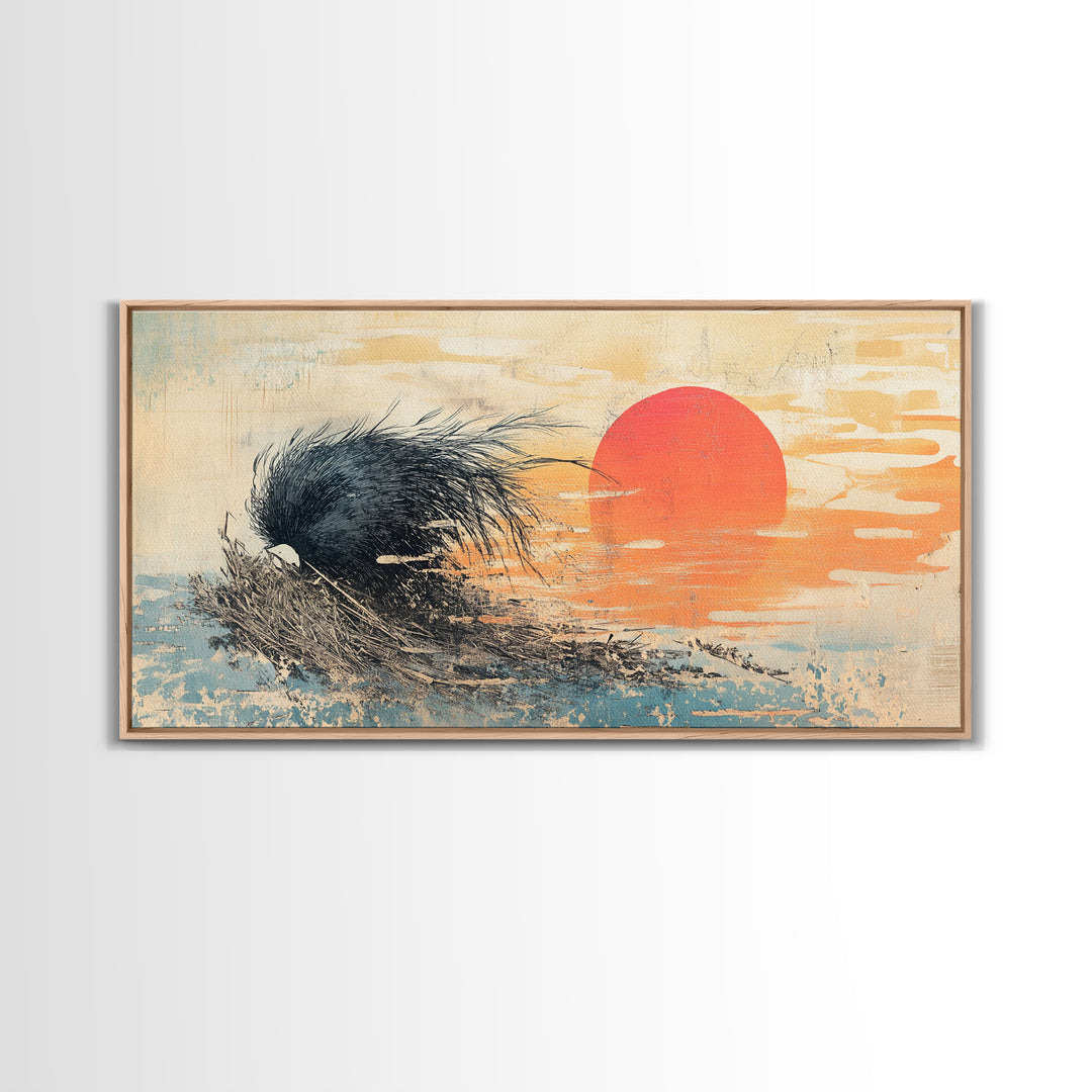 Black Abstract Wave And Red Sun Wall Art, Japanese Ocean Canvas Print, Minimalist Coastal Living Room Decor Gift For Him